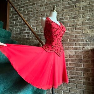 VTG 80s NWT Bright Cherry Red Beaded Sequin 100% Silk Halter Fairy Prom Dress